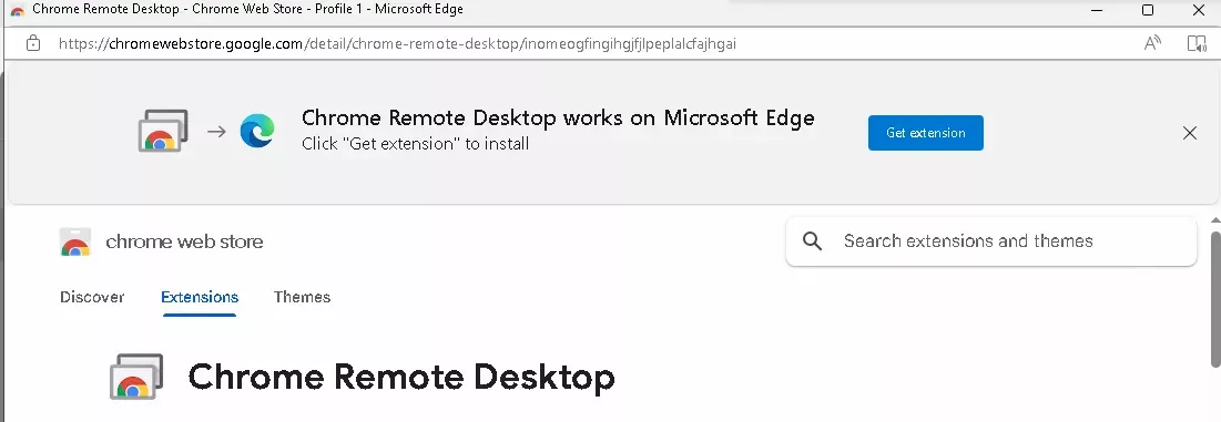 The Chrome Web Store on Microsoft Edge showing the &quot;Chrome Remote Desktop&quot; extension,