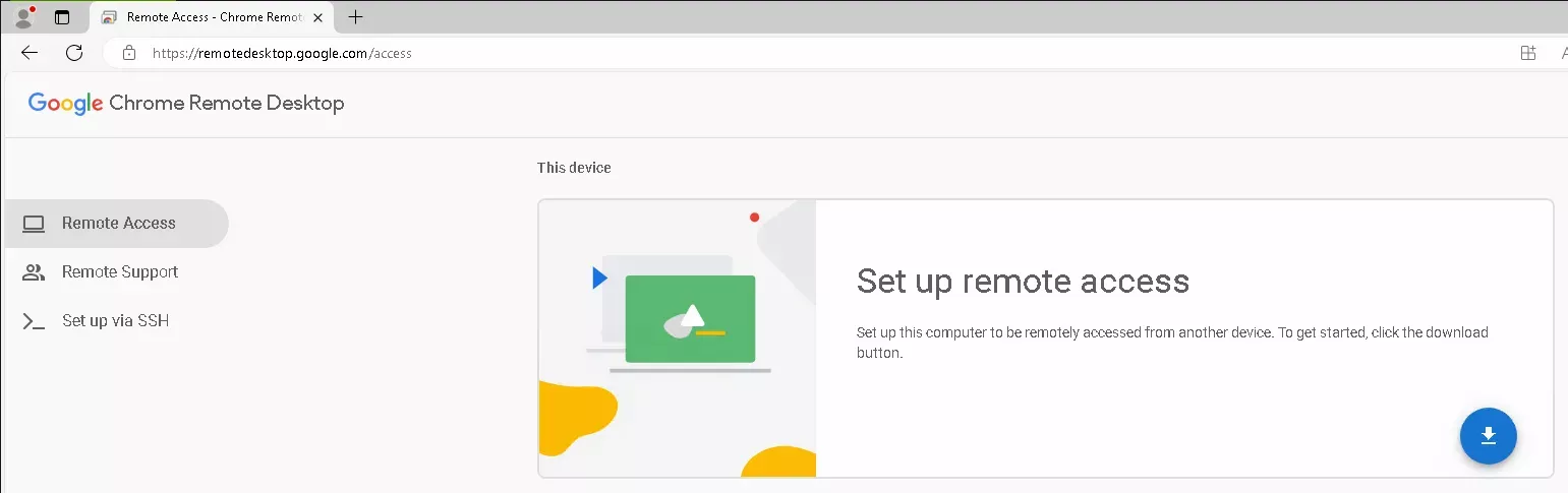 The Chrome Remote Desktop landing page with the &quot;This device&quot; area filled with a card titled &quot;Set up remote access&quot;.