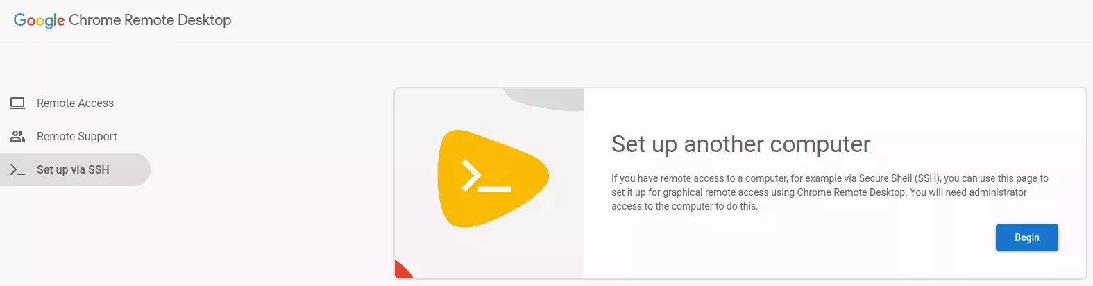 The Chrome Remote Desktop page with the &quot;Set up via SSH&quot; tab selected on the left navigation menu, displaying a &quot;Setup another computer&quot; card.