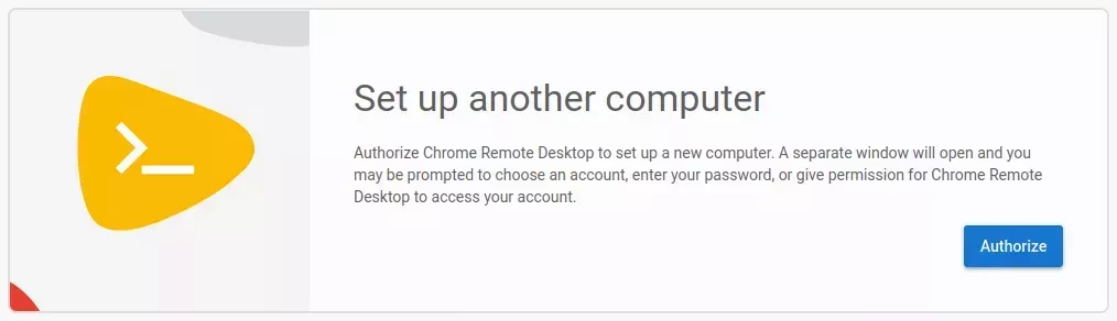 A card titled &quot;Set up another computer&quot; which has a short paragraph going over the authorization steps, and a blue button in the bottom right hand corner titled &quot;Authorize&quot;.