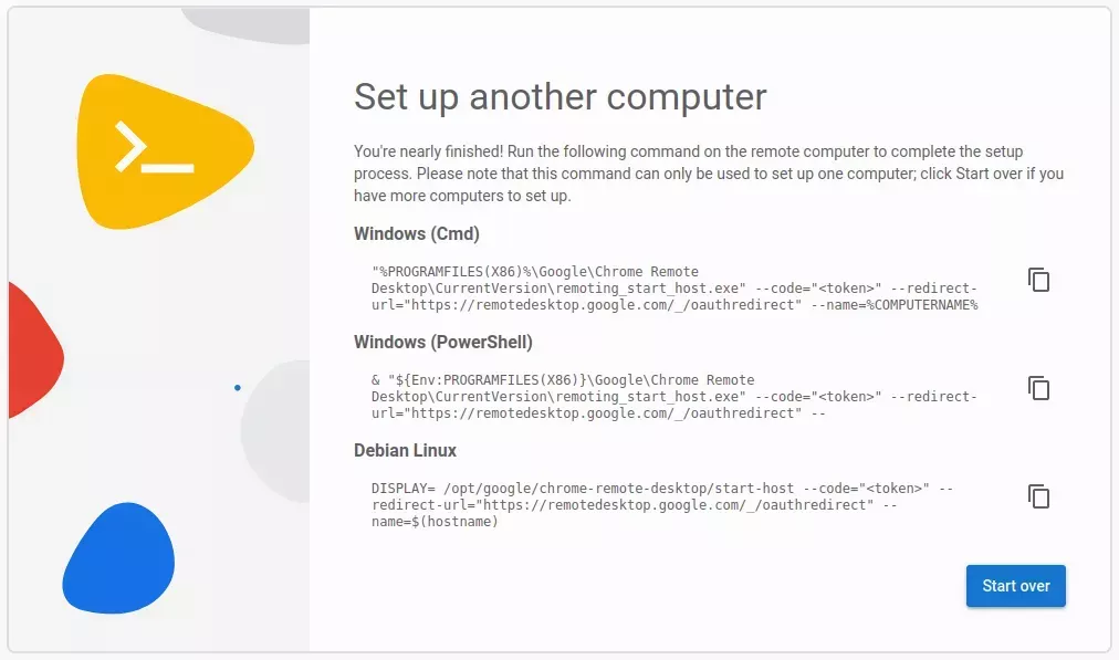 A card titled &quot;Set up another computer&quot; with three code blocks titled &quot;Windows (CMD)&quot;, &quot;Windows (Powershell)&quot;, and &quot;Debian Linux&quot;, each containing a command that can be run on the remote computer you intend to connect to.