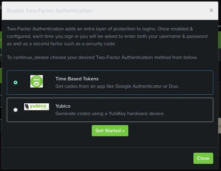 The Two-Factor Authentication modal with 2 options, &quot;Time Based Tokens&quot; and &quot;Yubico&quot;.