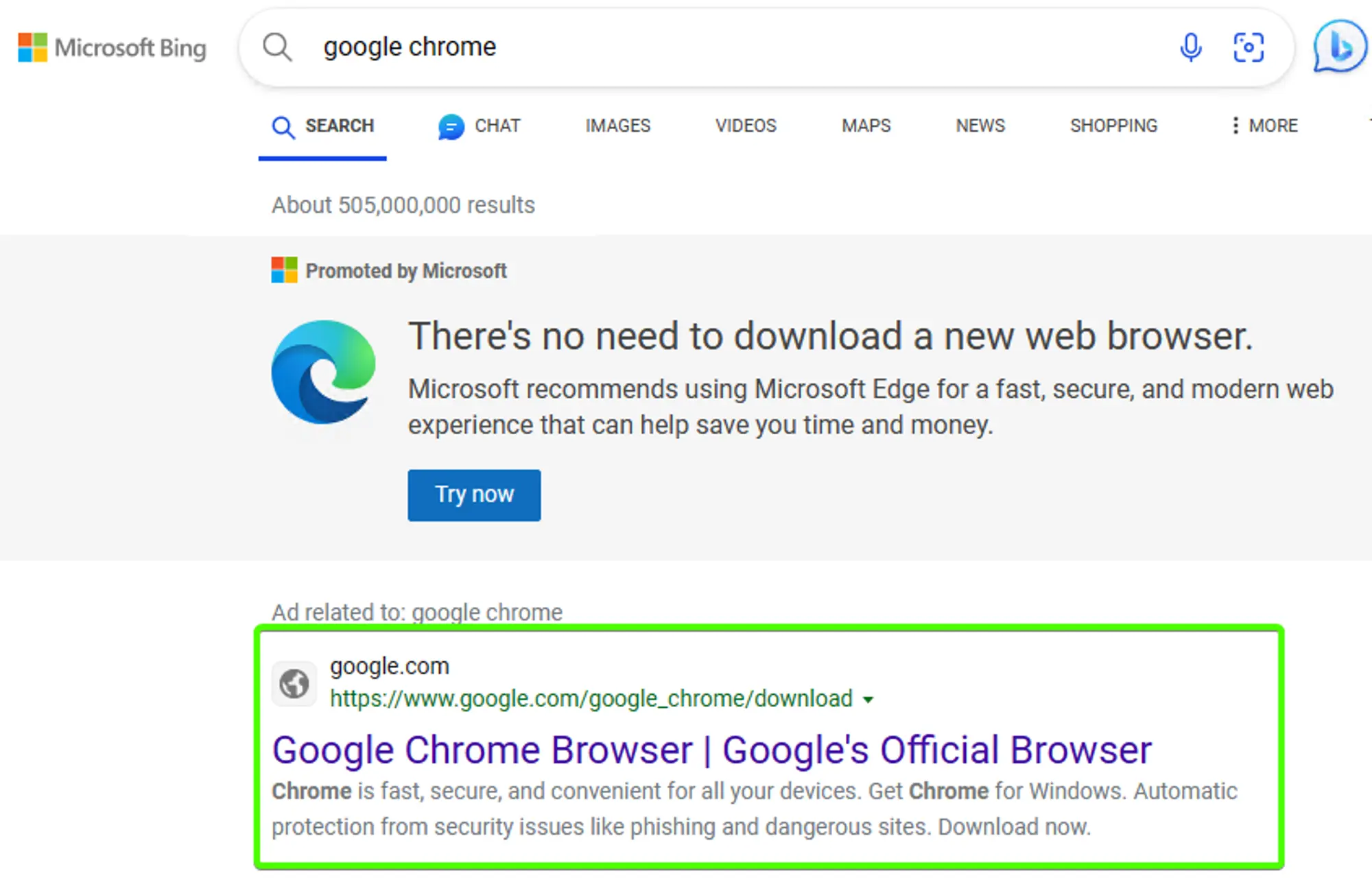 A web search for “google chrome” using the Bing search engine with a box around the first result, that being the “Google Chrome Browser | Google’s Official Browser”