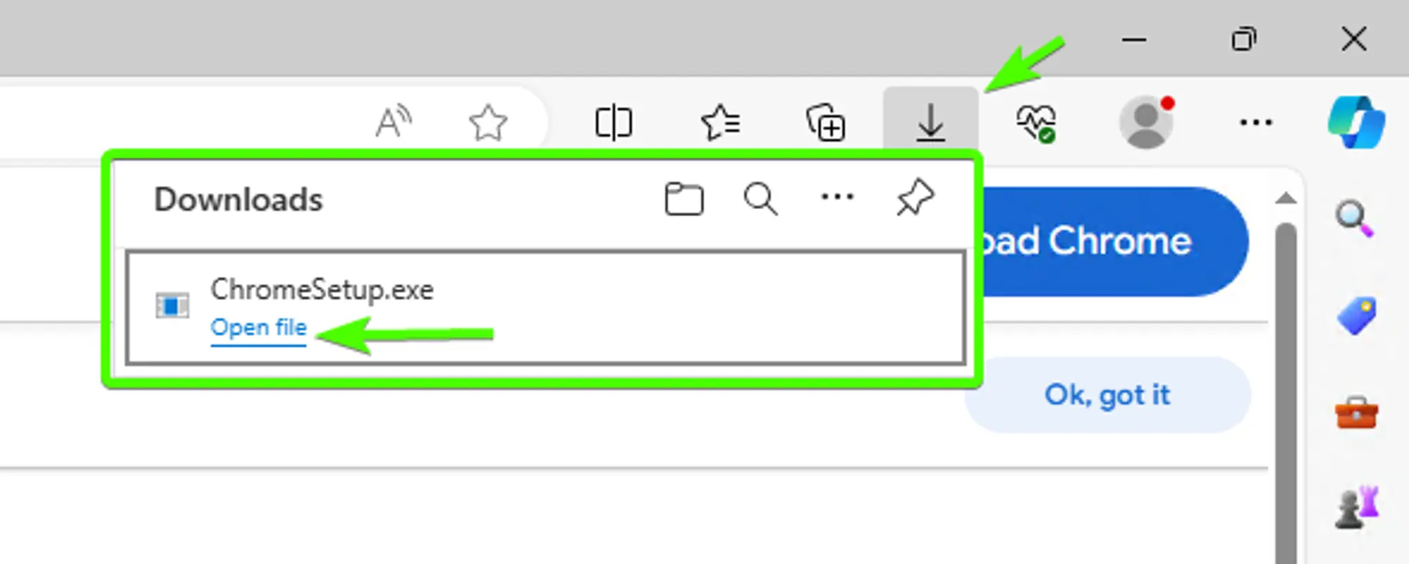 The Microsoft Edge downloads tab displaying the recently download “ChromeSetup.exe”