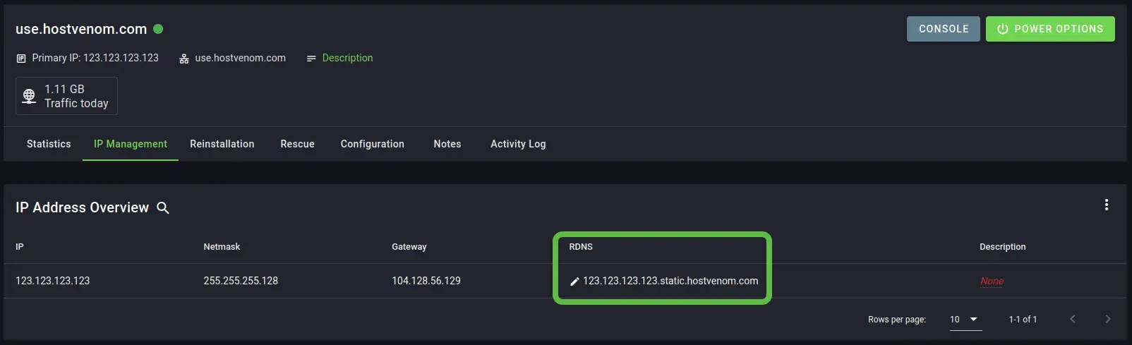 The page for a VPS in the Server Control Panel with the &quot;IP Management&quot; tab selected and the 4th column in the &quot;IP Address Overview&quot;, labeled &quot;RDNS&quot;, highlighted.