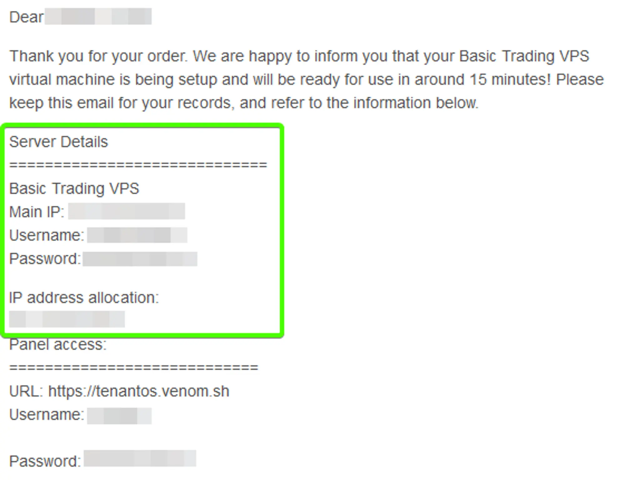 A HostVenom VPS Welcome email for a Basic Trading VPS with a green box surrounding the “Server Details” section in the middle.
