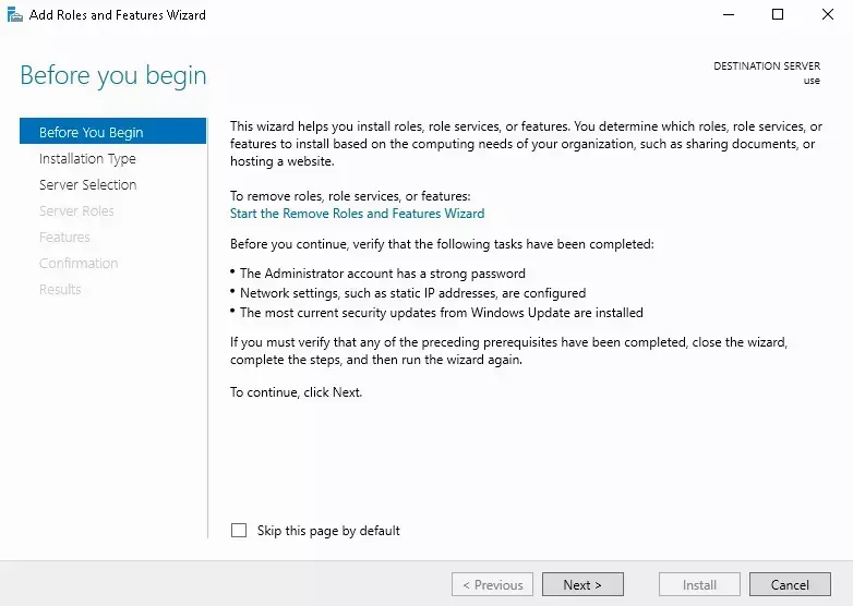 The &quot;Add Roles and Features Wizard&quot; Windows application open to the initial state titled &quot;Before you begin&quot;.