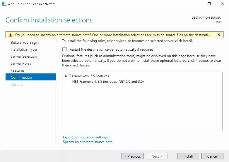 The &quot;Confirm installation selections&quot;/&quot;Confirm&quot; step of the &quot;Add Roles and Features Wizard&quot; with the selected features to confirm filling the center of the wizard and the &quot;Restart the destination server automatically if required&quot; toggle in the above it.