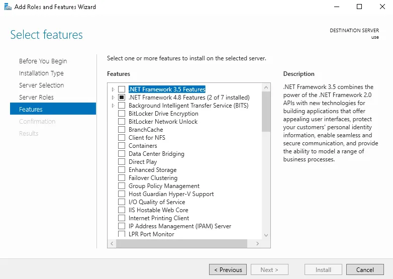 The &quot;Features&quot; step of the &quot;Add Roles and Features Wizard&quot; with the first option of the &quot;Features&quot; list selected. The current step is indicated on the right of the wizard and the &quot;Features&quot; list is in the center titled &quot;Features&quot;.