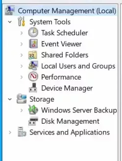 The left side of the &quot;Computer Management&quot; application showing a list of things that can be managed.