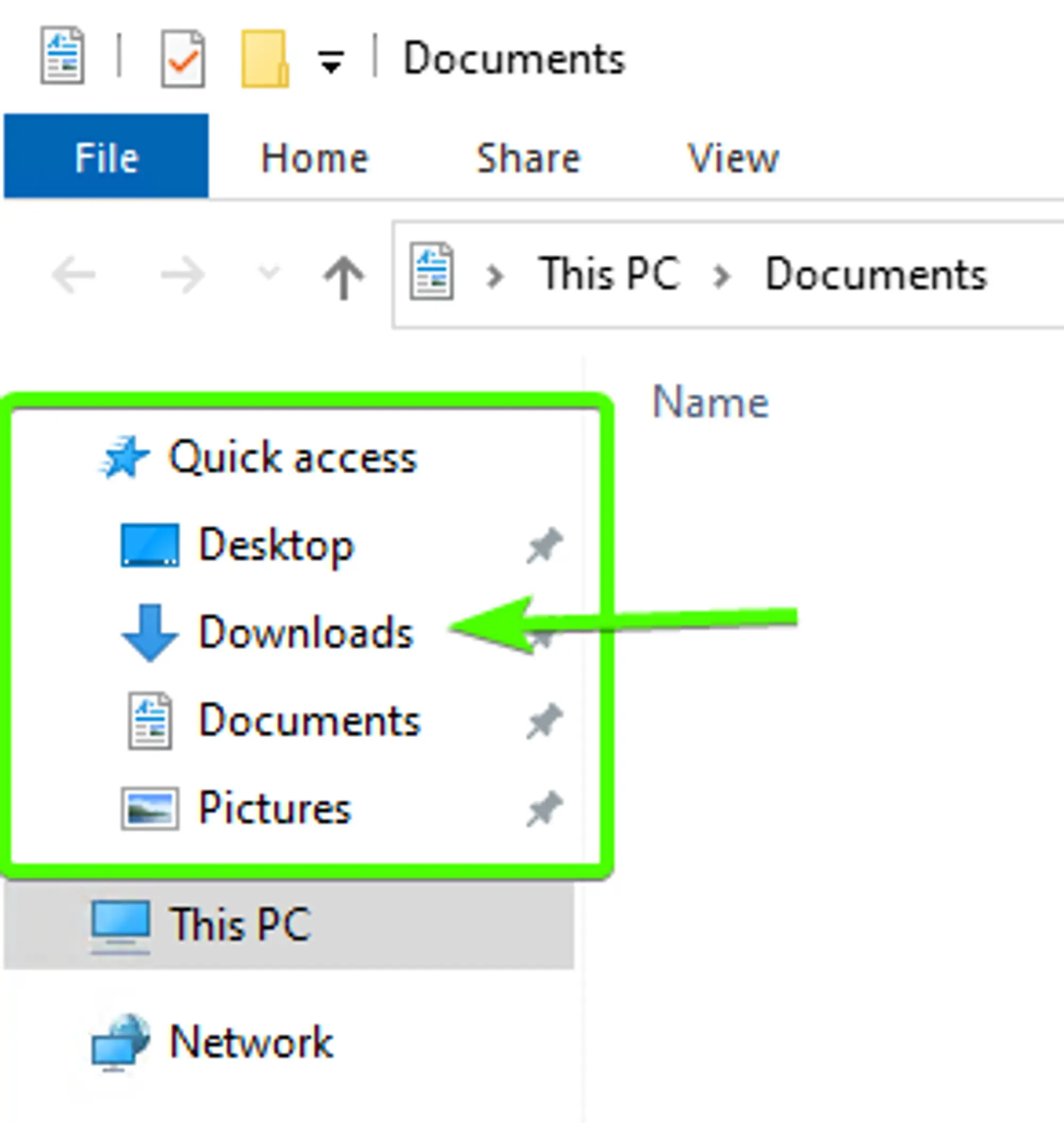 The Windows Quick Access menu, located on the top right of the file manager under the address bar