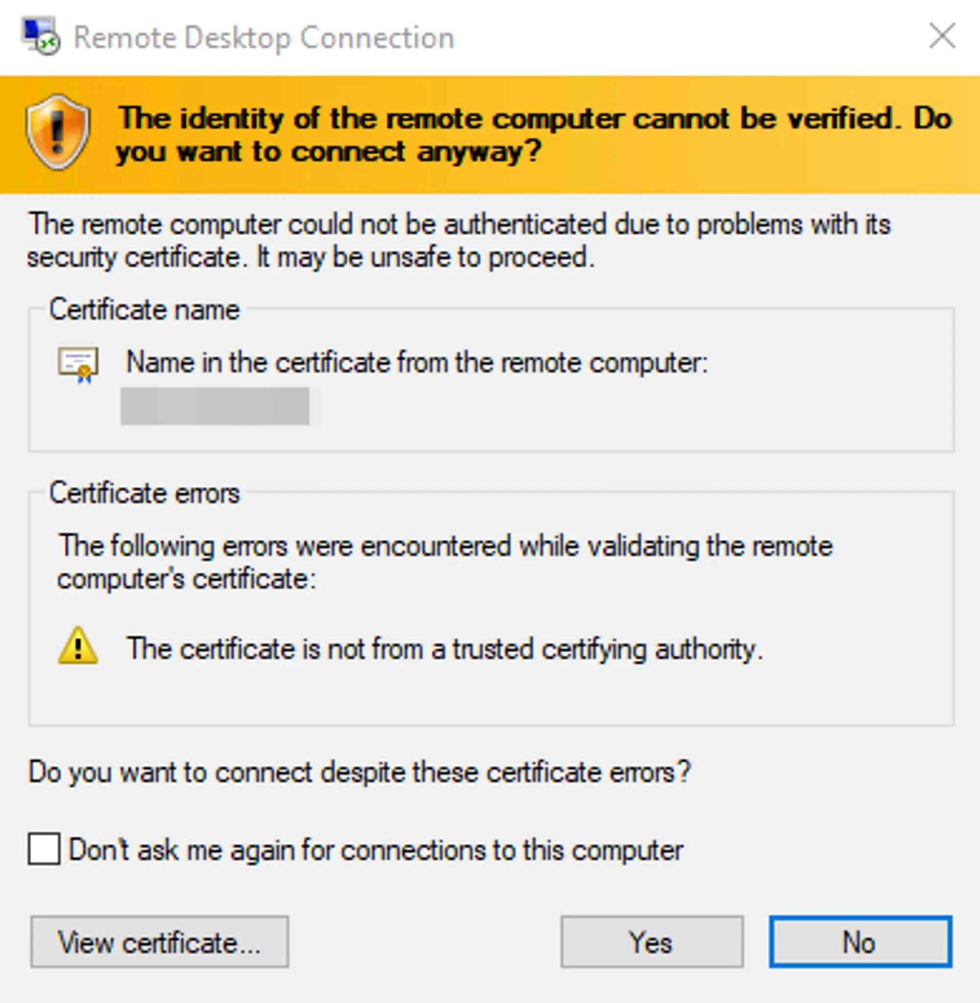 A Remote Desktop Connection security warning with multiple subsections going over the information about the certificate provided by the Windows Server. The top of the warning is yellow and has a shield with an exclamation point. The bottom right corner contains two buttons, “Yes” and “No” with the “No” button being highlighted by default.