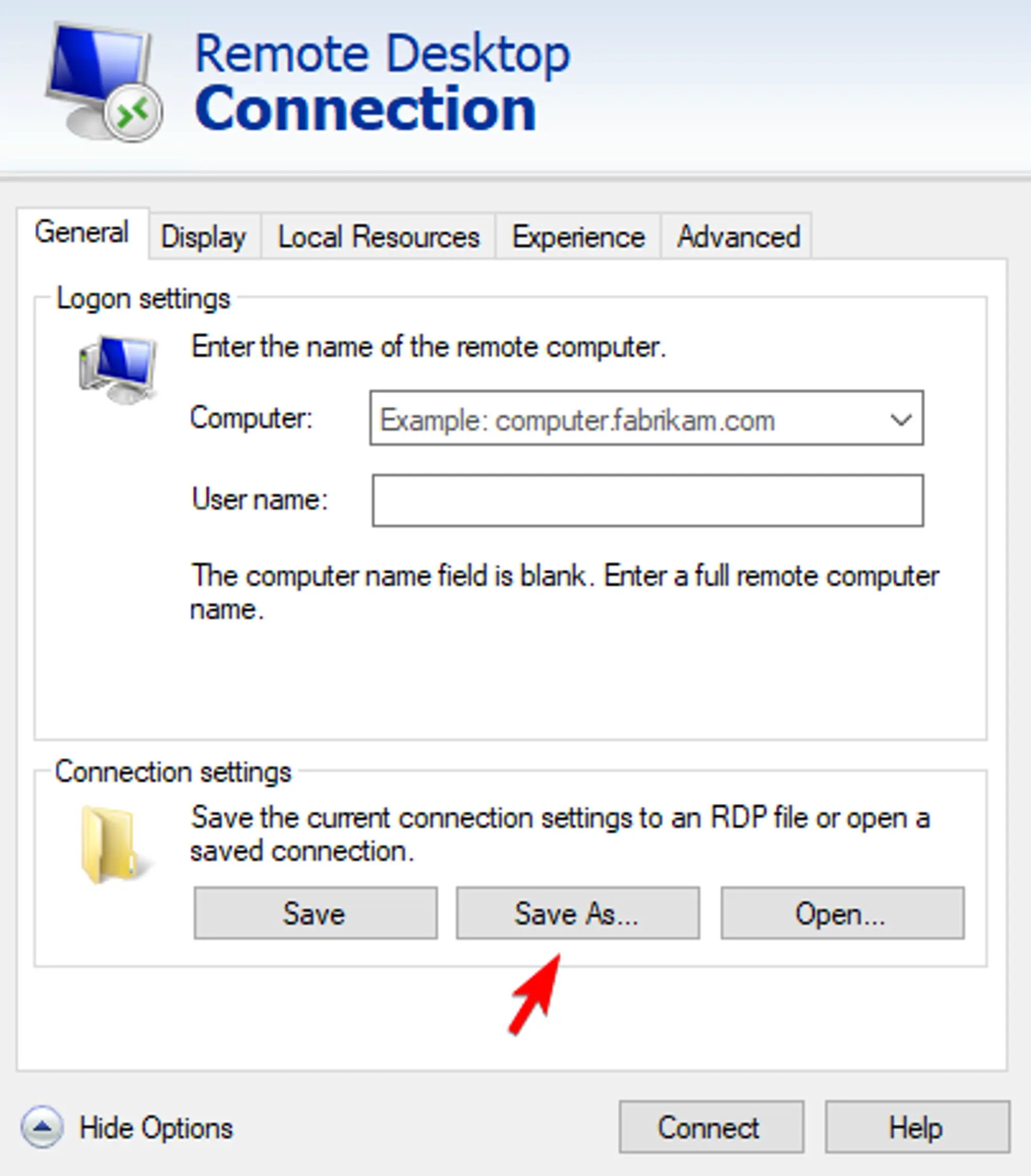 The Remote Desktop Connection Application with the &quot;Show Options&quot; drop down extended and the &quot;Connection settings&quot; section highlighted at the bottom of the window, containing the &quot;Save As...&quot; button in the center. 