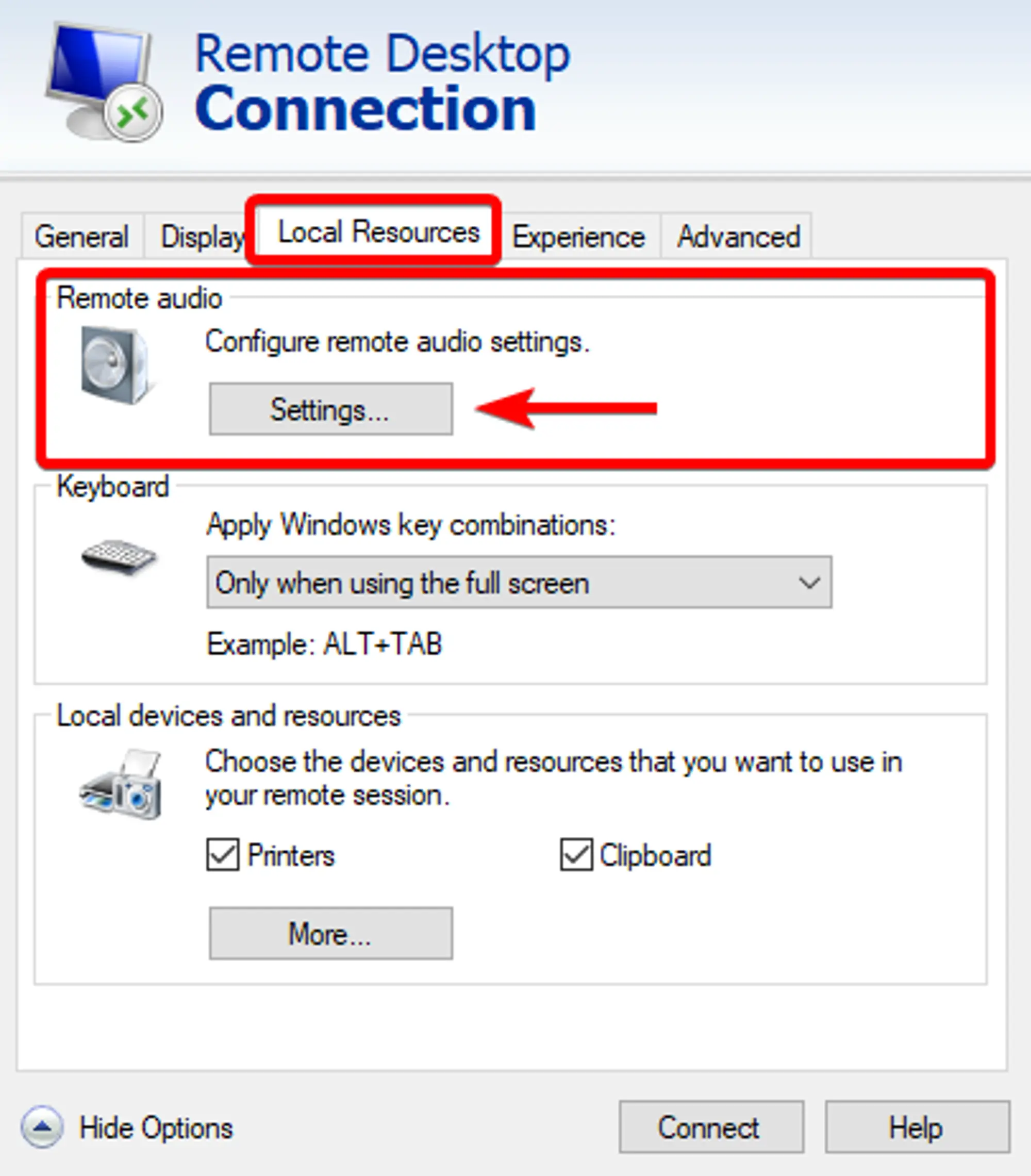 The Windows Remote Desktop Client with the Options drop down enabled and the 3rd tab, “Local Resources”, selected with an arrow pointing to the first section’s button labeled “Settings”.