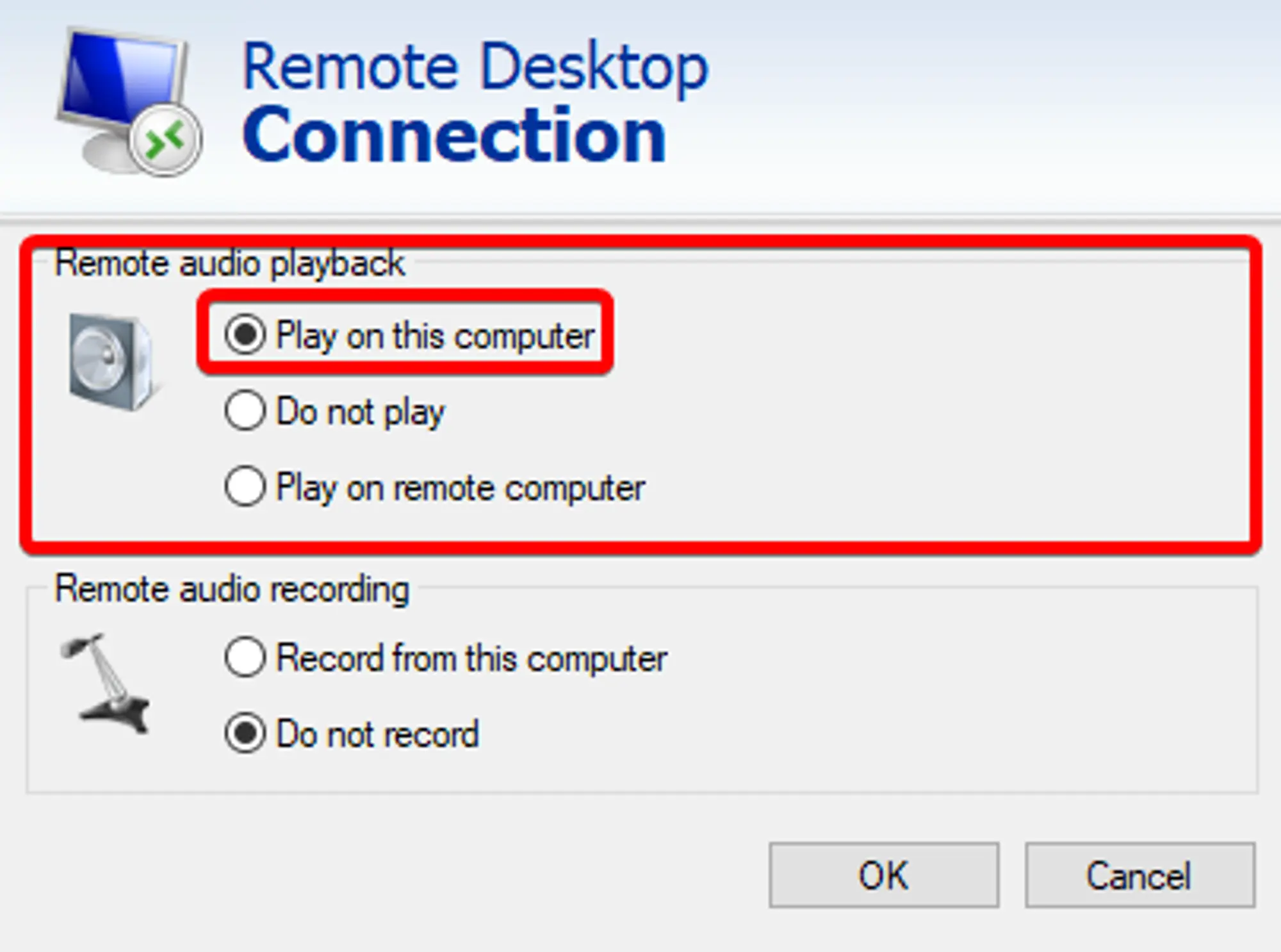 The Windows Remote Desktop Client’s “Remote Audio → Settings” window with the “Play on this computer” radio button selected. 