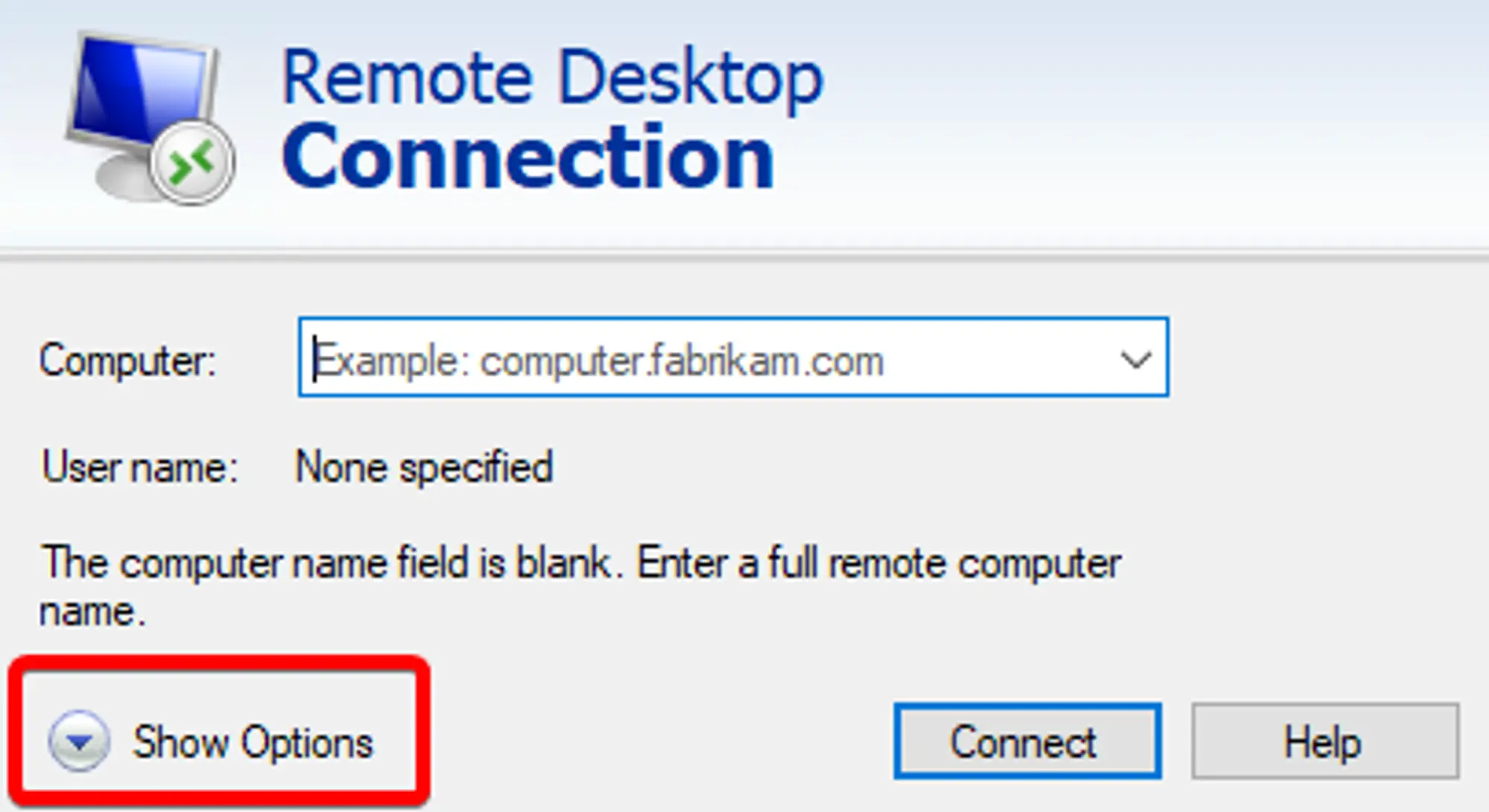 The Remote Desktop Connection Windows Client with the “Show Options” drop down label highlighted at the bottom left of the window. 