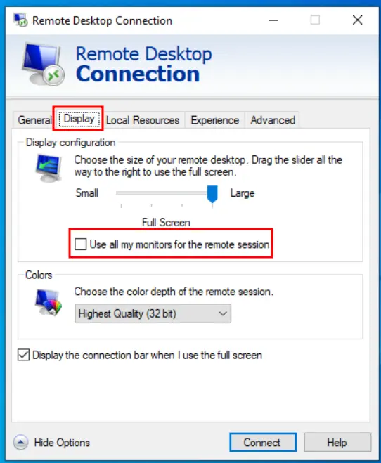 The &quot;Display&quot; tab of the Remote Desktop Connection Application, located second from the left when the &quot;More Options&quot; dropdown is expanded. The &quot;Use all my monitors for the remote session&quot; is located in the &quot;Display configuration&quot; section.