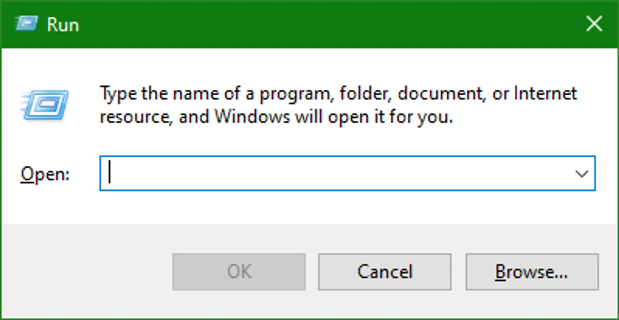 The Windows Run command window with an “open” text box that will turn into a drop down as text is typed into it.
