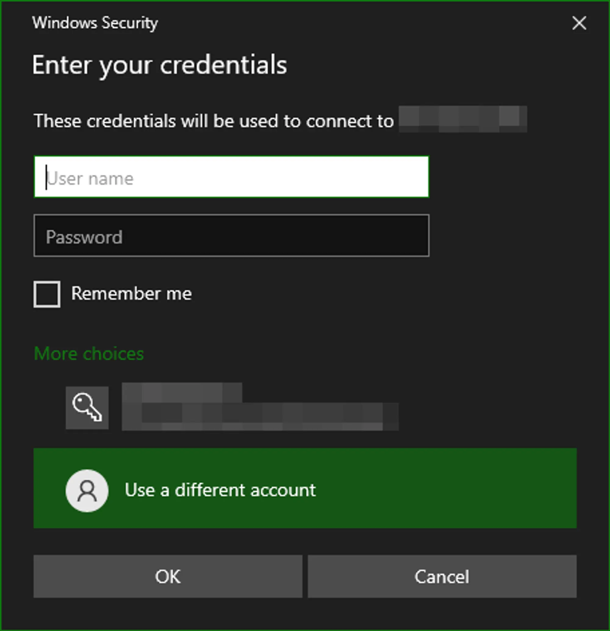 A Windows Security popup with both a username and password screen, and the “More choices” toggle expanded. Below “More choices” is the current Windows account and the option to “Use a different account”. 