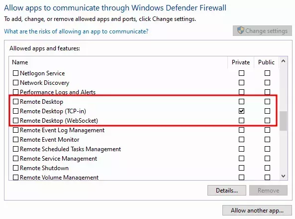 The &quot;Allow an app through Windows Firewall&quot; Windows Control Panel section with the &quot;Remote Desktop&quot;,&quot;Remote Desktop (TCP-in)&quot;, and &quot;Remote Desktop (WebSocket)&quot; entries highlighted.