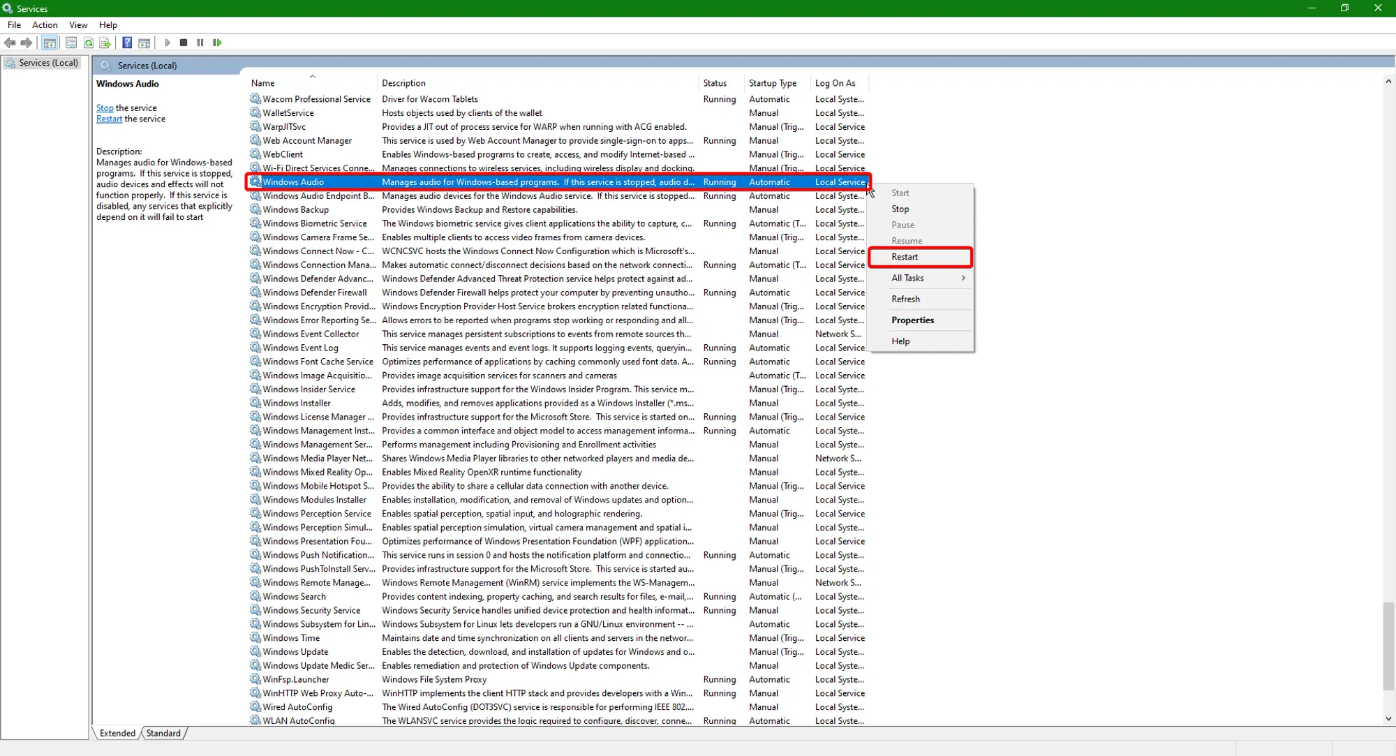 The Windows Service Control Manager with a table of service entries in the middle, listing their names as the first column. The Windows Audio service is selected and has it’s context menu open after having been right clicked on, there’s a red box highlighting both the entire row for the Windows Audio service and the Restart entry in the context menu.