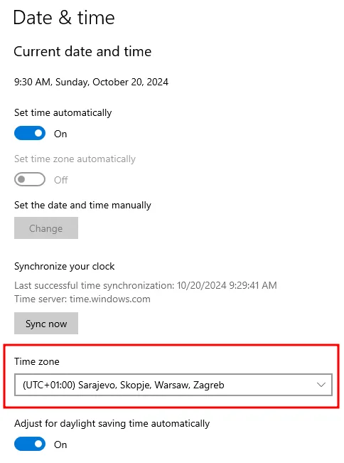 The &quot;Date &amp; Time&quot; section of Windows Settings showing the &quot;Time zone&quot; section with a dropdown below the header.