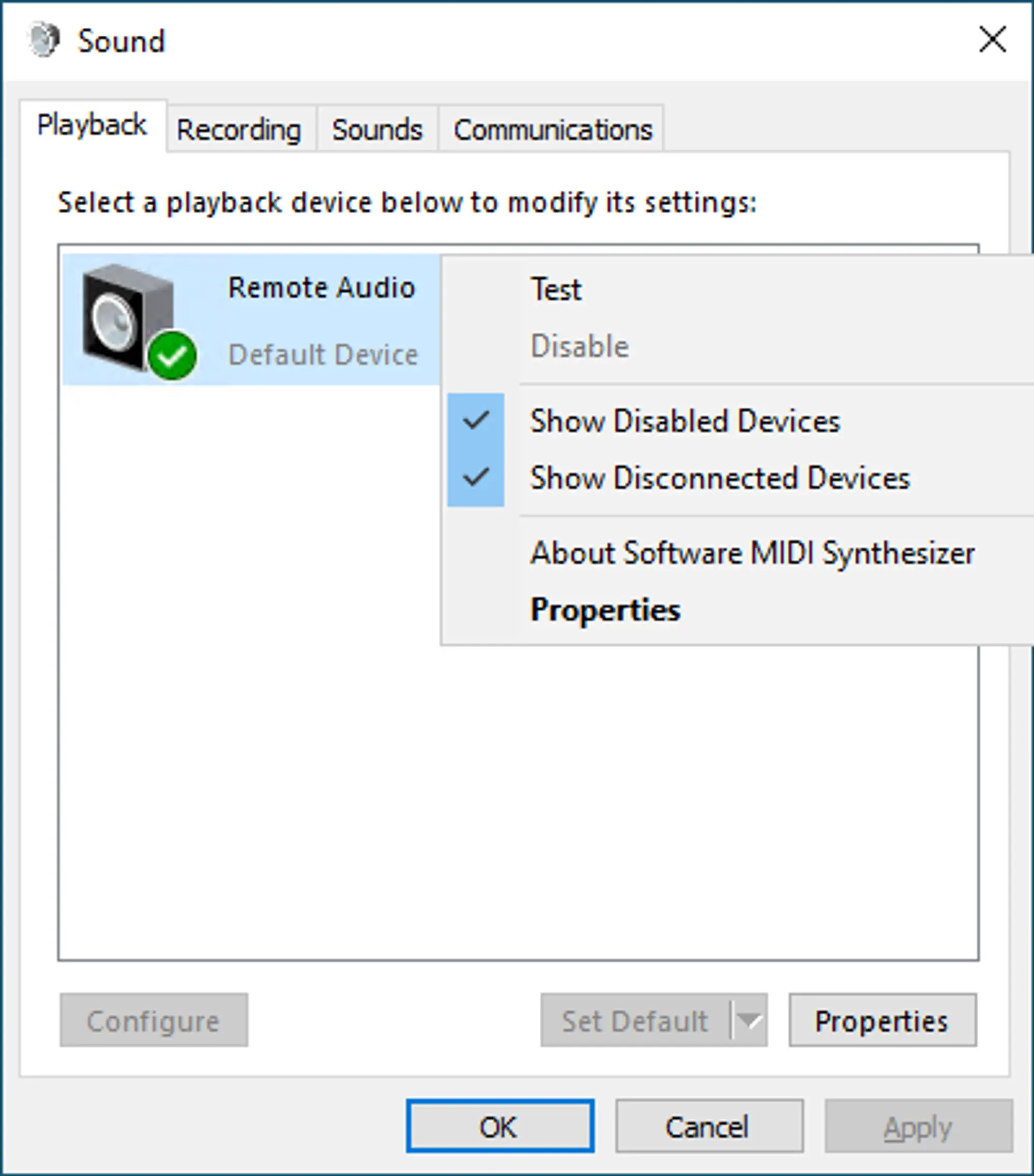 The Windows &quot;Sound&quot; settings page with the &quot;Remote Audio&quot; device selected and the context menu displayed. The &quot;Test&quot; option is the first entry in the context menu. 