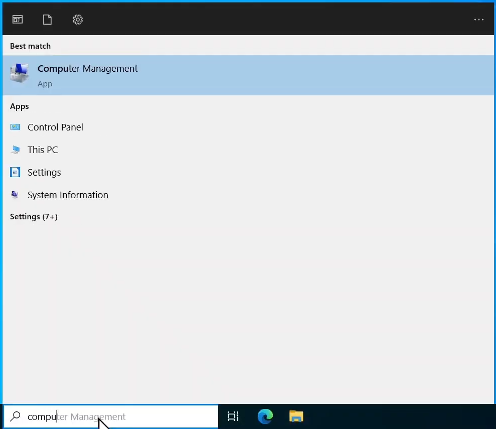 The Windows Start Menu with the start of the words &quot;Computer Management&quot; entered and the &quot;Computer Management&quot; app appearing in the results.