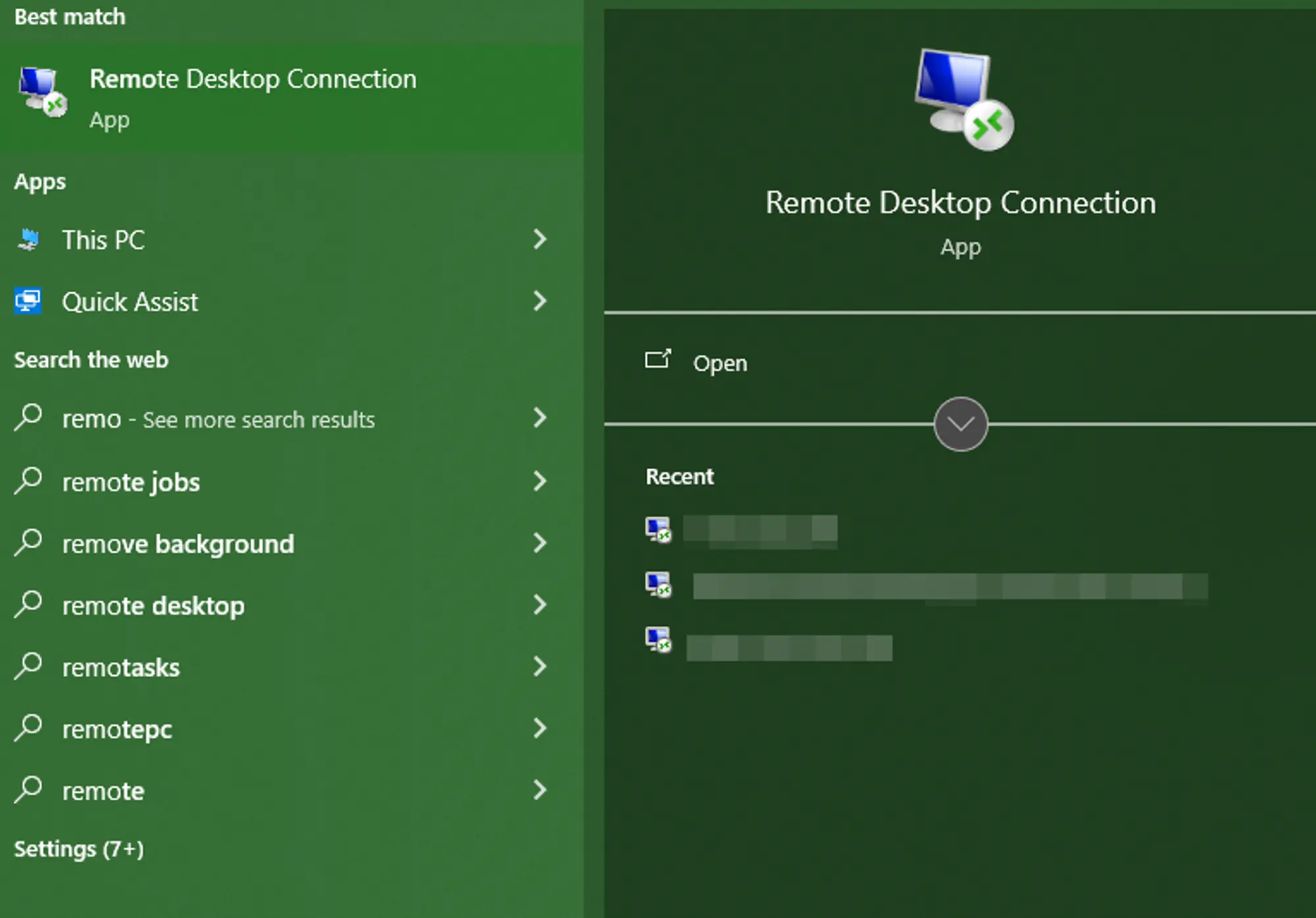 The windows start menu with “Remo” typed into to the search field, showing the “Remote Desktop Connection” program as the first result.