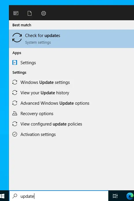 The Windows Start menu with the word &quot;update&quot; in the search box and &quot;Check for updates&quot; as the first result.