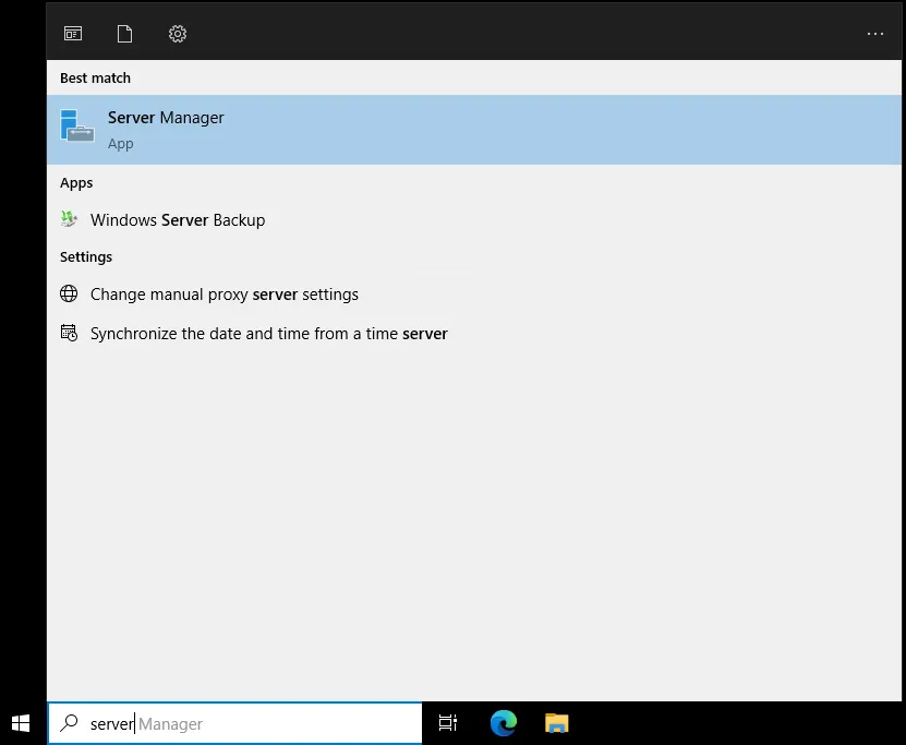 The Windows Start menu searching for &quot;server&quot; and returning the result &quot;Server Manager&quot;.